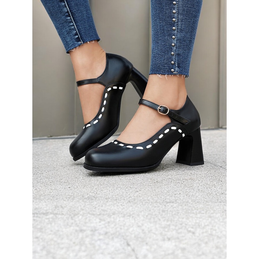 Schwarze Mary Jane Pumps für Damen mit weißen Ziernähten und Blockabsatz - klassisches Schuhwerk im Retro-Stil für legere und formelle Outfits Lightinthebox