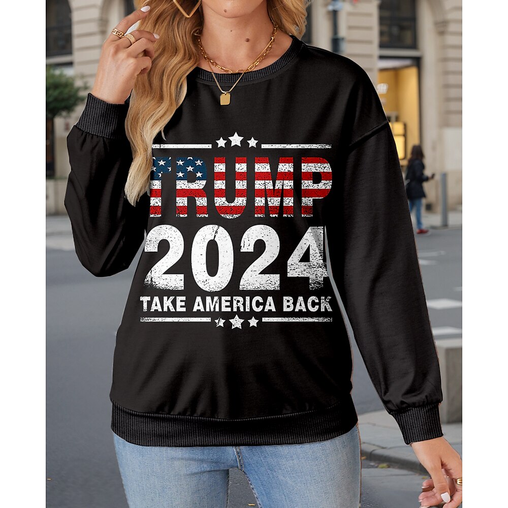 Damen-Sweatshirt, Trump 2024, 85 % Baumwolle, Polyester, 100 % Baumwolle, Grafik, Buchstaben, Street, Casual, Vintage, Basic, Rundhalsausschnitt, langärmeliges Oberteil, mikroelastisch, Herbstamp; Lightinthebox