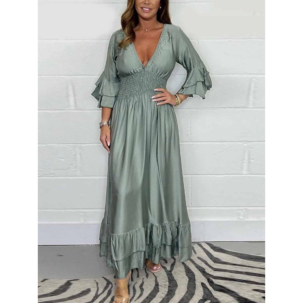 Damen Casual kleid Maxidress Rüsche Brautkleider schlicht V Ausschnitt 3/4 Ärmel Grün Farbe Lightinthebox