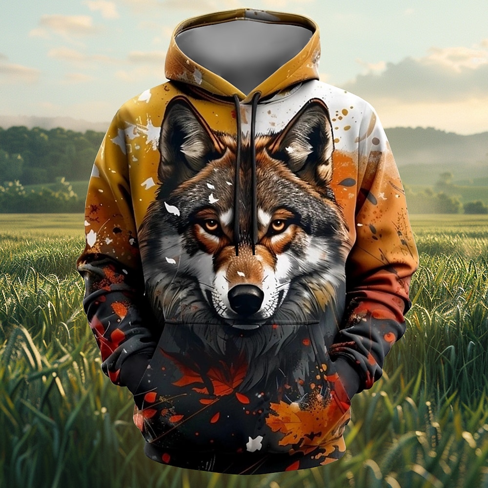 Herren Wolf Hoodies Pullover Oberbekleidung Sweatshirt mit Kapuze Rundhalsausschnitt Modisch 3D-Druck Party Festtage Strassenmode Braun Kordelzug Herbst Winter Designer Lightinthebox