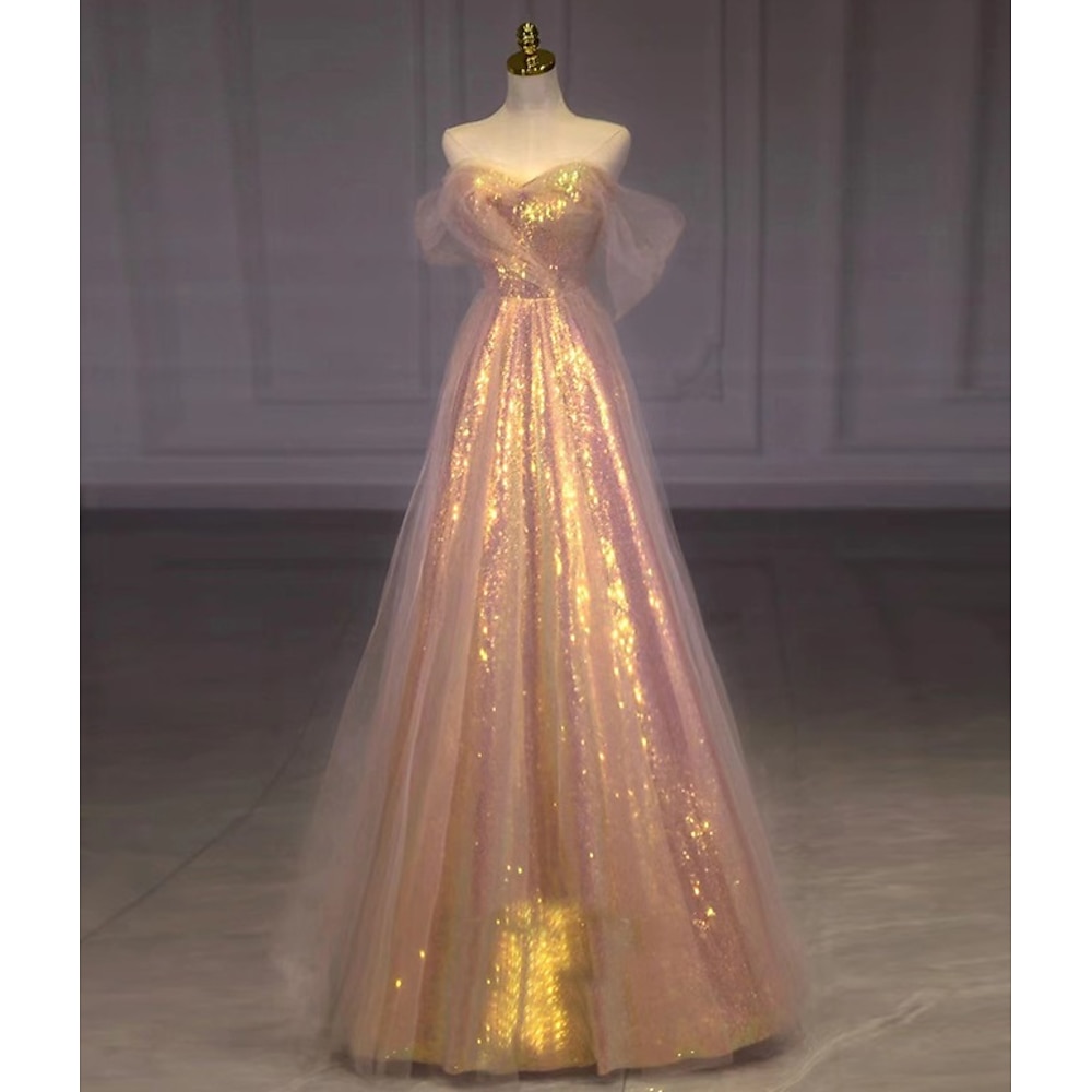 rosa A-Linien-Ballkleid mit Pailletten, Strandhochzeit, Vintage-Kleid, formelle Maskerade, bodenlang, ärmellos, trägerlos, Tüll mit Glitzer 2025 Lightinthebox