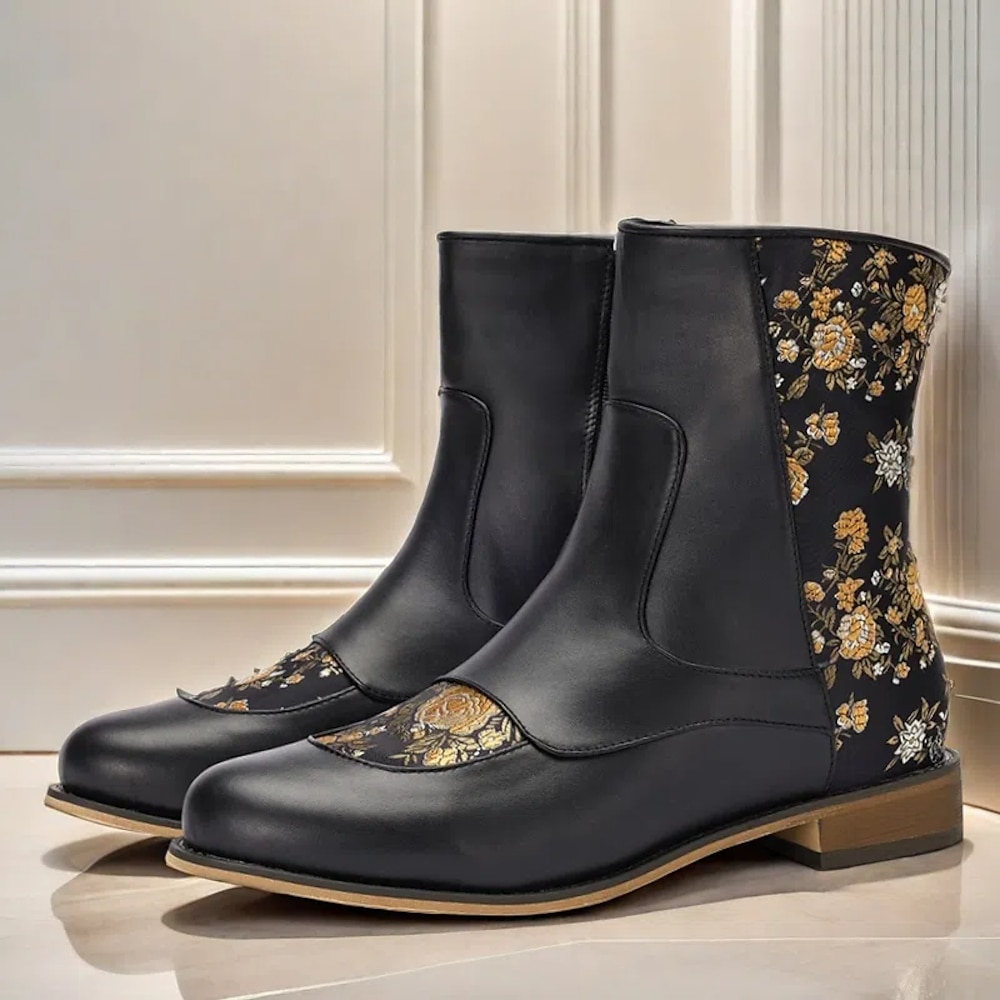 Schwarze Herrenstiefeletten aus floralem Jacquardgewebe und Kunstleder - eleganter Vintage-Stil mit goldenen Musterakzenten für besondere Anlässe Lightinthebox