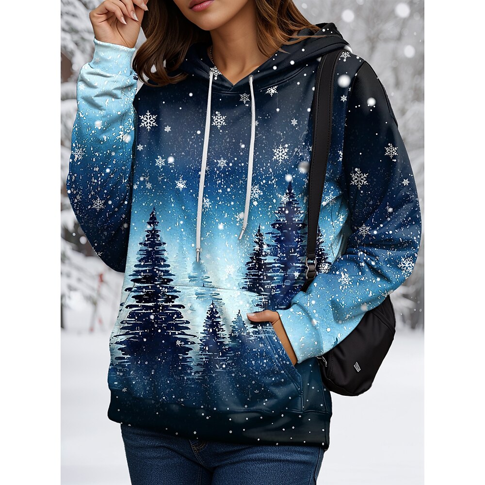 Damen Hoodie Sweatshirt Casual Polyester Baum Street Alltagskleidung Kapuzenpullover Tasche Print Langarm Blau Herbst Winter Lightinthebox