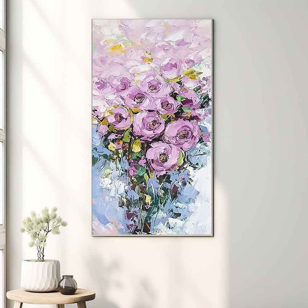 handgemachtes handgemaltes Ölgemälde Wand Purole Blumen Landschaftsmalerei Wohndekoration buntes Blumenölgemälde auf Leinwand große Wandkunst abstrakte 3D Blumenkunst Boho Wanddekoration individuelle Lightinthebox