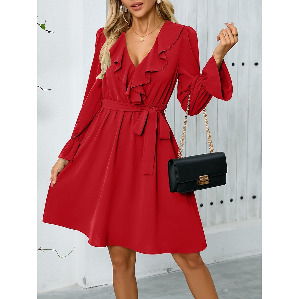 Damen Casual kleid Minikleid mit Schnürung Rüsche Brautkleider schlicht V Ausschnitt Langarm Schwarz Rote Farbe Lightinthebox