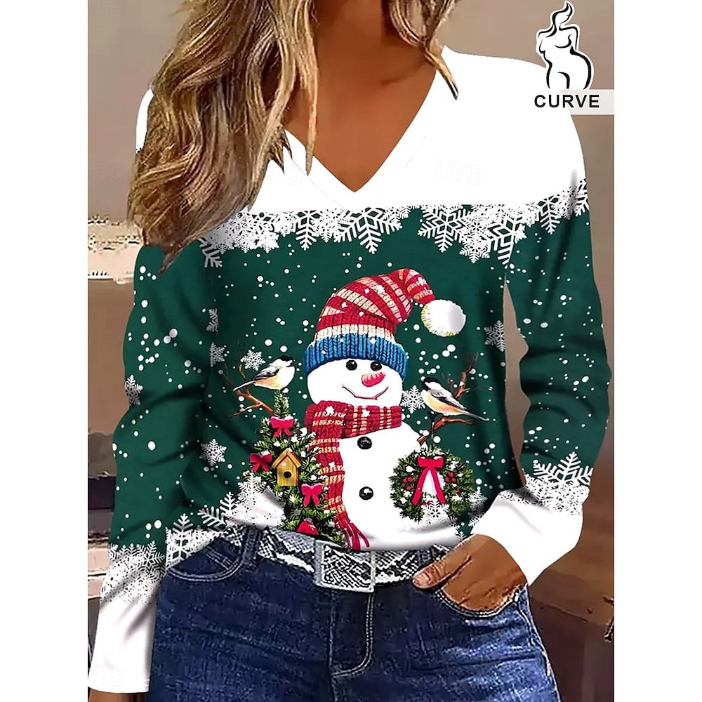 Damen Übergröße Oberteile T Shirt Schneemann Schneeflocke Bedruckt Langarm V Ausschnitt Brautkleider schlicht Weihnachten Täglich Polyester Herbst Winter Rote Grün Lightinthebox