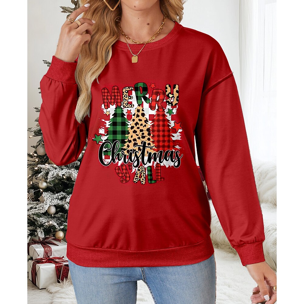 Damen Sweatshirt Pullover Zur Seite fahren Polyester 100% Baumwolle Graphic Weihnachtsbaum Weihnachten Casual Vintage Basic Rundhalsausschnitt Langarm Oberteil Mikro-elastisch Herbst Winter Lightinthebox