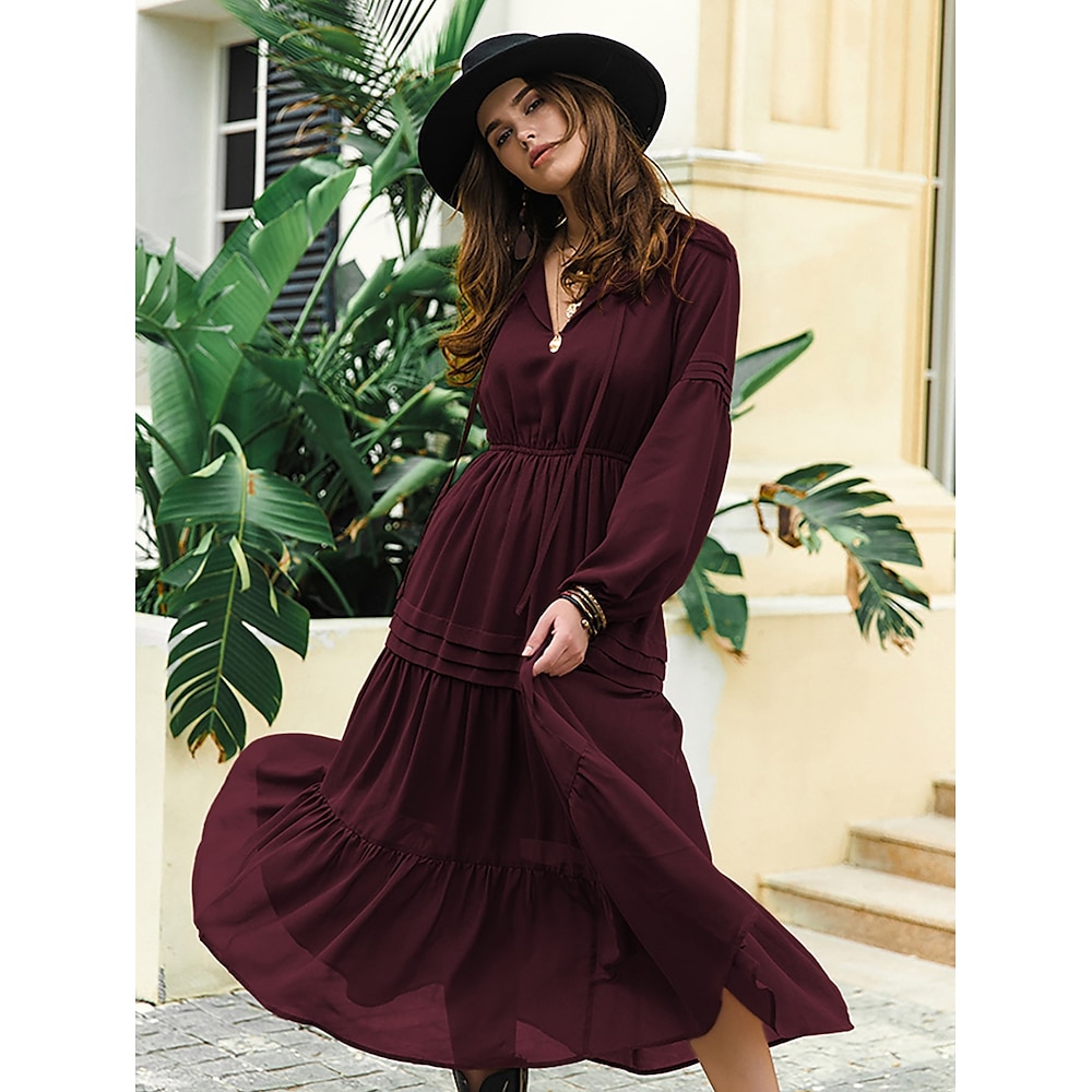 Damen Maxidress Casual kleid Boho-Kleid Feste Farbe Retro Romantisch Täglich Verabredung Urlaub Patchwork Mit Gürtel Langarm V Ausschnitt Kleid Regular Fit Wein Herbst Winter S M L XL XXL Lightinthebox