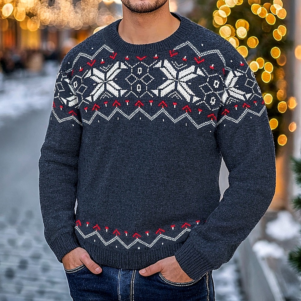 Herren Jacquard-Pullover Pullover Fair Isle Sweater Argyle Sweater Herbstpullover Stricken Rundhalsausschnitt Monogramm Schneeflocke Rundhalsausschnitt Strickware Täglich Party Weihnachten Bekleidung Lightinthebox