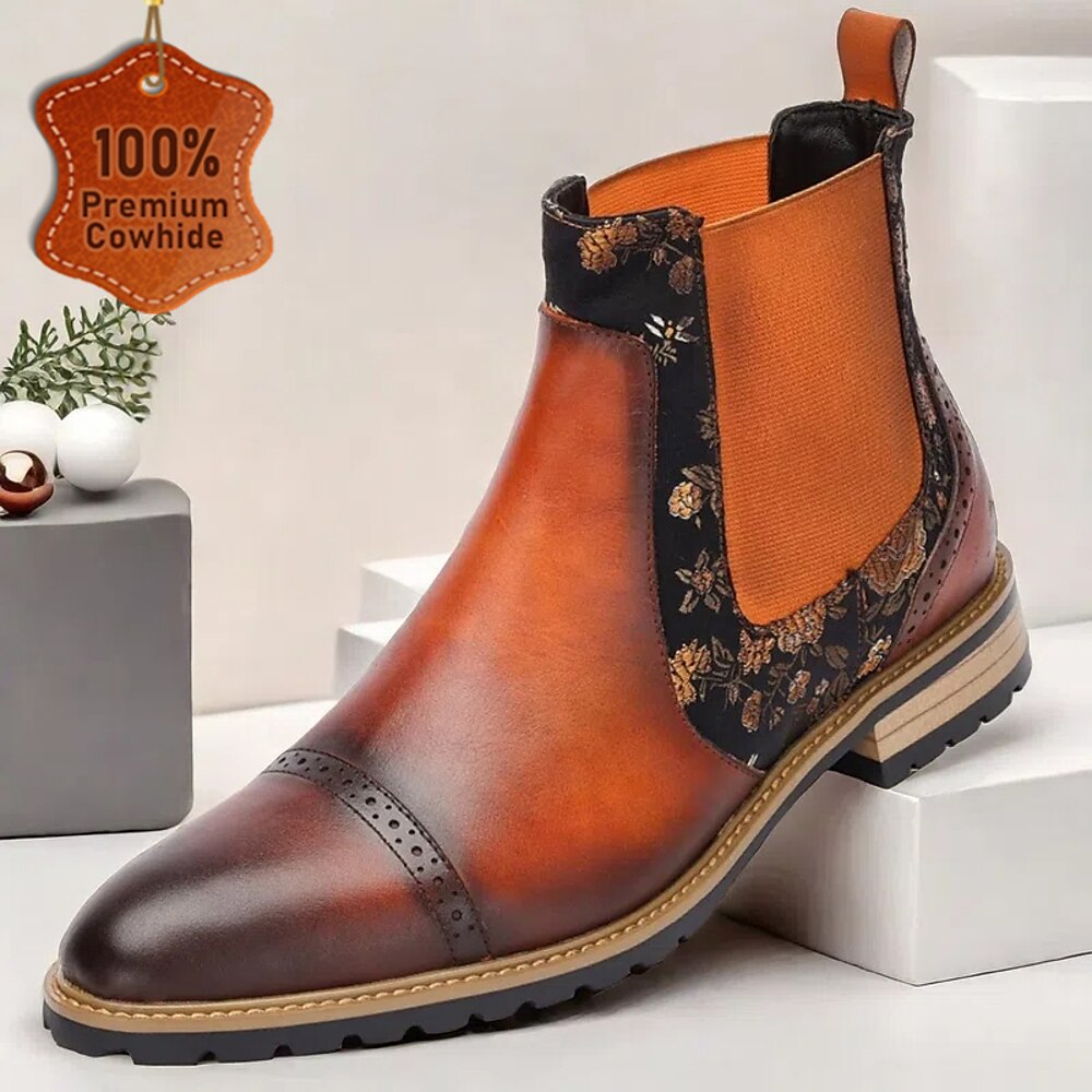 Chelsea-Stiefel aus braunem Leder für Herren mit floralen Seiteneinsätzen, orangefarbenem Gummizug und perforierter Spitze - Freizeit- und halbformelles Schuhwerk aus hochwertigem Rindsleder Lightinthebox