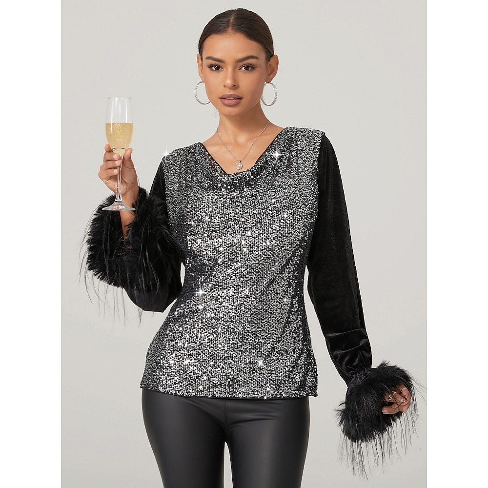 Damenbluse, elegante Oberteile, Samt, Pailletten, Federn, Wasserfallausschnitt, Glitzer, funkelnd, Party, Weihnachten, Silvester, Damen, elegant, modern, langärmelig, schwarz, Herbst, Winter, S, M, L, Lightinthebox