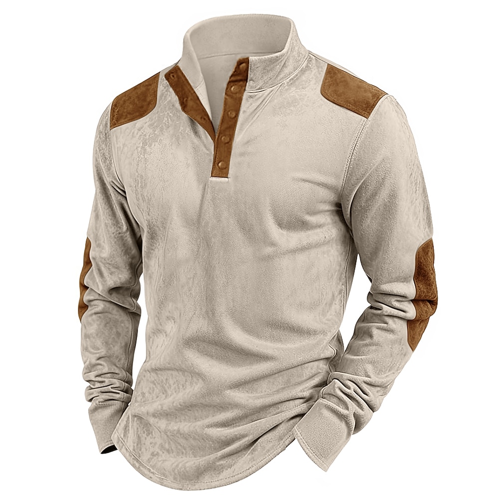 Herren-Henley-Shirt aus Wildlederimitat, T-Shirt, Langarmshirt, Patchwork-Henley, Outdoor-Street-Langarm, Patchwork, Farbblock-Kleidung, Alltags- und Freizeit-Streetstyle Lightinthebox