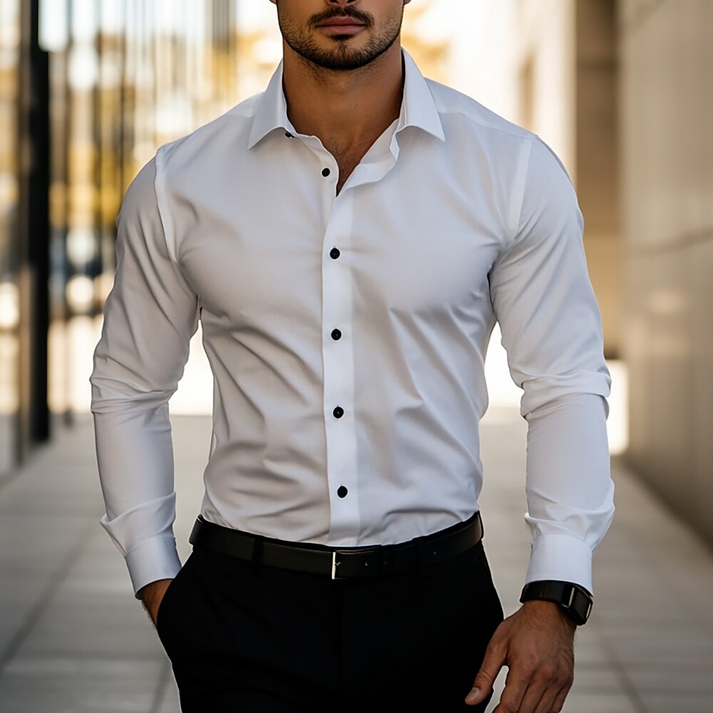 Herren Tägliches Kleid Lässiges Hemd Standard Passform Langarm Kragen Sommer Einfarbig Polyester Schwarz Weiß Grau 2025 Lightinthebox