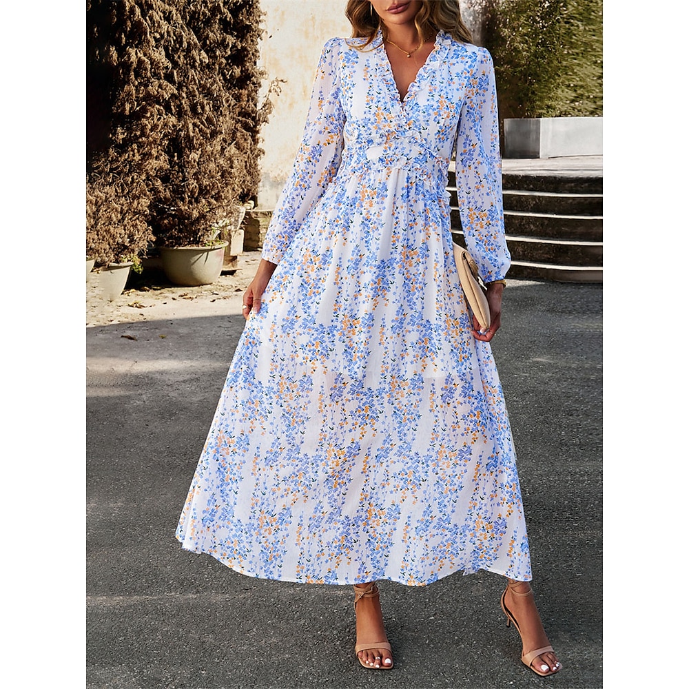 Damen Chiffon Blumen V Ausschnitt Maxidress Langarm Sommer Frühling Lightinthebox