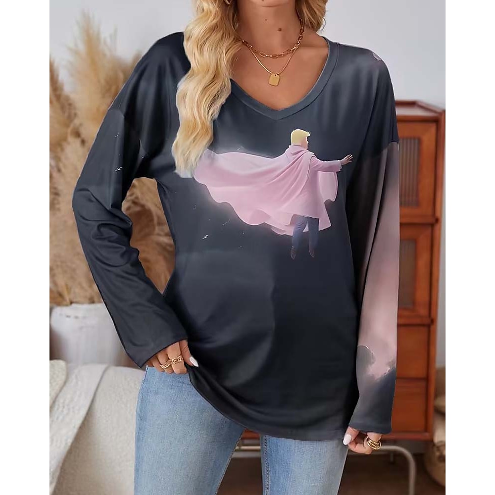 Lustiges T-Shirt für Damen, Trump, täglich, Wochenende, Mode, lustig, langärmelig, rosa, Frühling, Herbst Lightinthebox