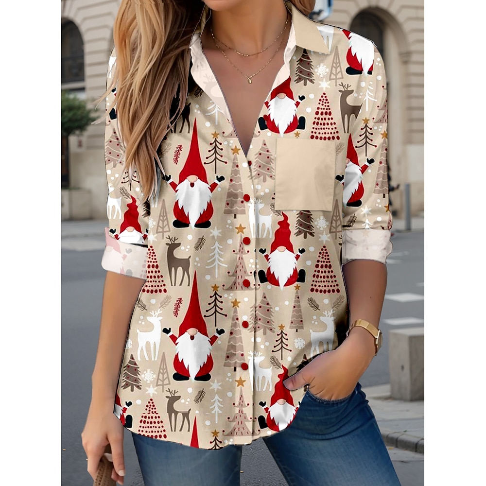 Weihnachtsshirt Damen Hemd Bluse Polyester Weihnachtsmann Patchwork Knopf Bedruckt Weihnachten Täglich Weihnachten Vintage Brautkleider schlicht Langarm Hemdkragen Khaki Herbst Winter Lightinthebox