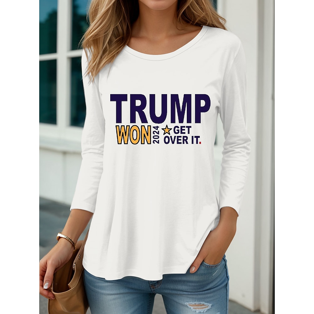 Damen Trump 100% Baumwolle Grafik Buchstaben Street T-Shirt Alltag Wochenende Casual Langarm Weiß Herbst Winter Lightinthebox