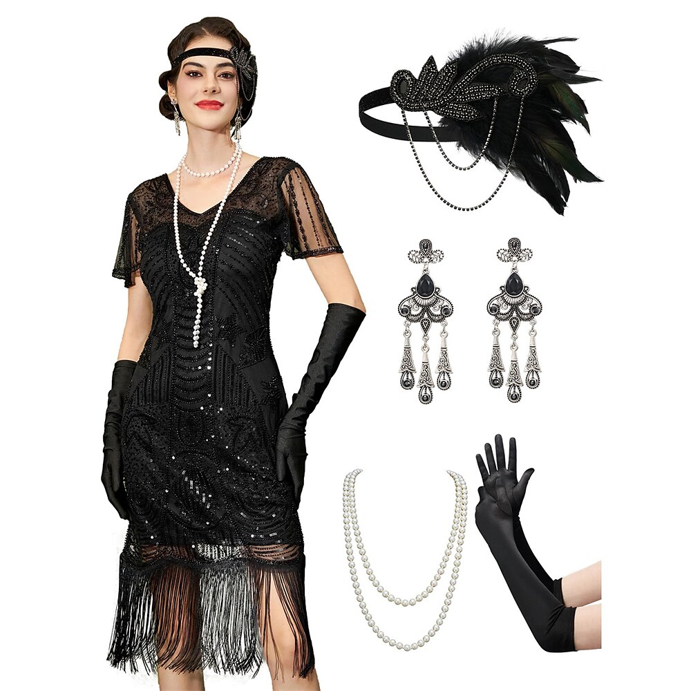 Retro Vintage Brüllen 20s 1920s Flapper Kleid Austattungen Cocktailkleid Faschingskostüme 7 PCS- Mittag Der große Gatsby Flapper-Mädchen Hochzeitsgast Damen Pailletten Randbereich Weihnachten Lightinthebox