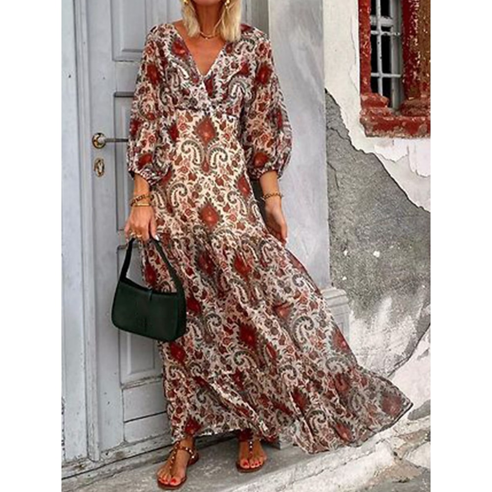 Damen Polyester Paisley-Muster V Ausschnitt Maxidress Langarm Sommer Frühling Lightinthebox