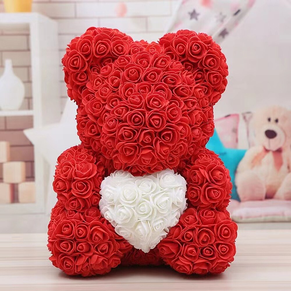 Valentinstagsgeschenke für sie, Rosenbär mit Herz 25/40cm künstlicher Rosenblütenbär, romantisches Geschenk für Valentinstag, Hochzeit, Muttertag und Jahrestag, inklusive transparenter Geschenkbox Lightinthebox