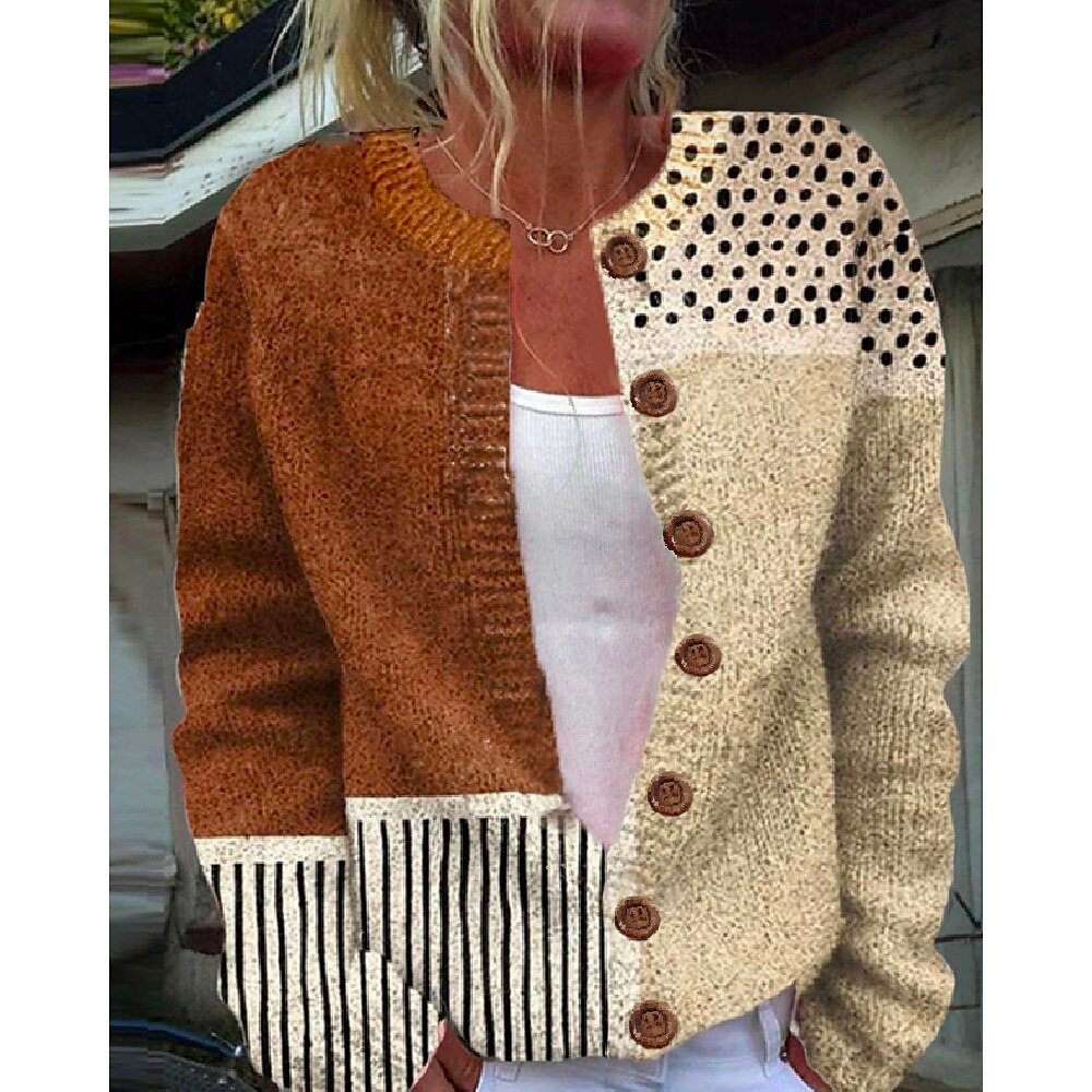 Damen Pullover Täglich Graphic Rundhalsausschnitt Patchwork Bedruckt Langarm Normale Oberteile Stricken Wochenende Braun Herbst Winter Lightinthebox