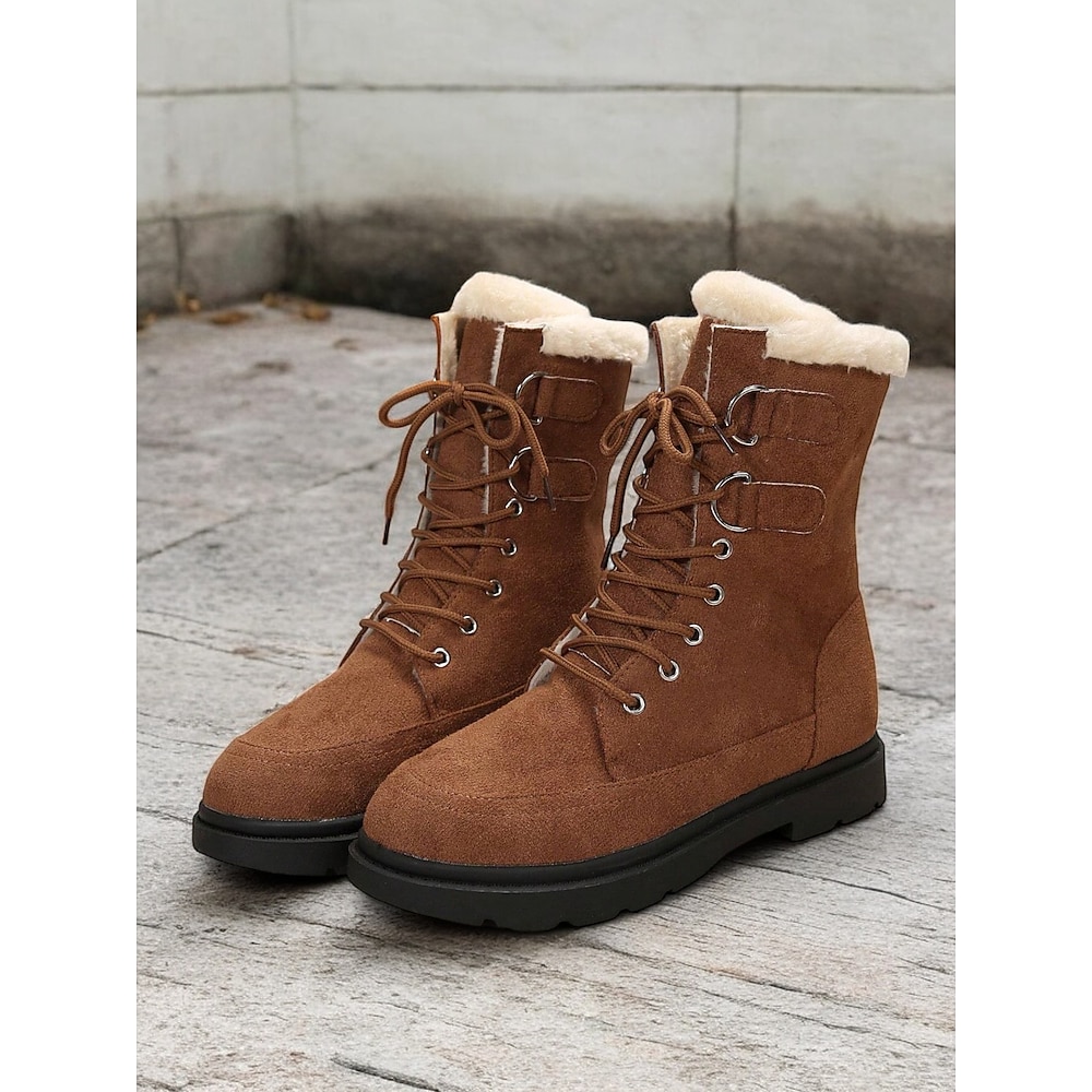 Damen Stiefel Täglich Innenfutter aus Fleece Stiefeletten Stiefeletten Flacher Absatz Runde Zehe Plüsch Brautkleider schlicht Komfort Kunst-Veloursleder Schnürsenkel Schwarz Braun Khaki Lightinthebox