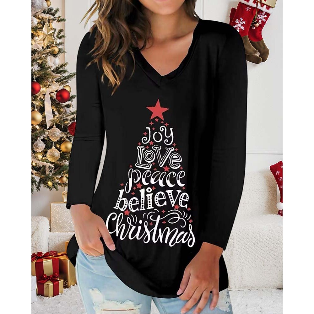 Damen T Shirt Polyester Weihnachten Weihnachten Langarm V Ausschnitt Schwarz Herbst Winter Lightinthebox