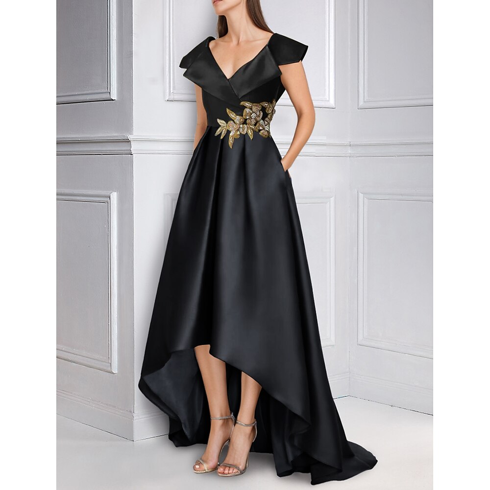 A-Linie Abendkleider Elegant Kleid Formal Asymmetrisch Kurzarm V Ausschnitt Hochzeitsgast im Herbst Satin mit Plissee Applikationen 2024 Lightinthebox