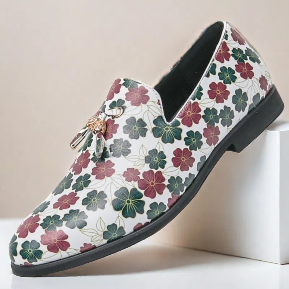 weiße Loafer für Herren mit Blumenmuster, Quaste und goldenem Akzent - stilvolle Freizeit- und halbformelle Schuhe für modische Outfits Lightinthebox