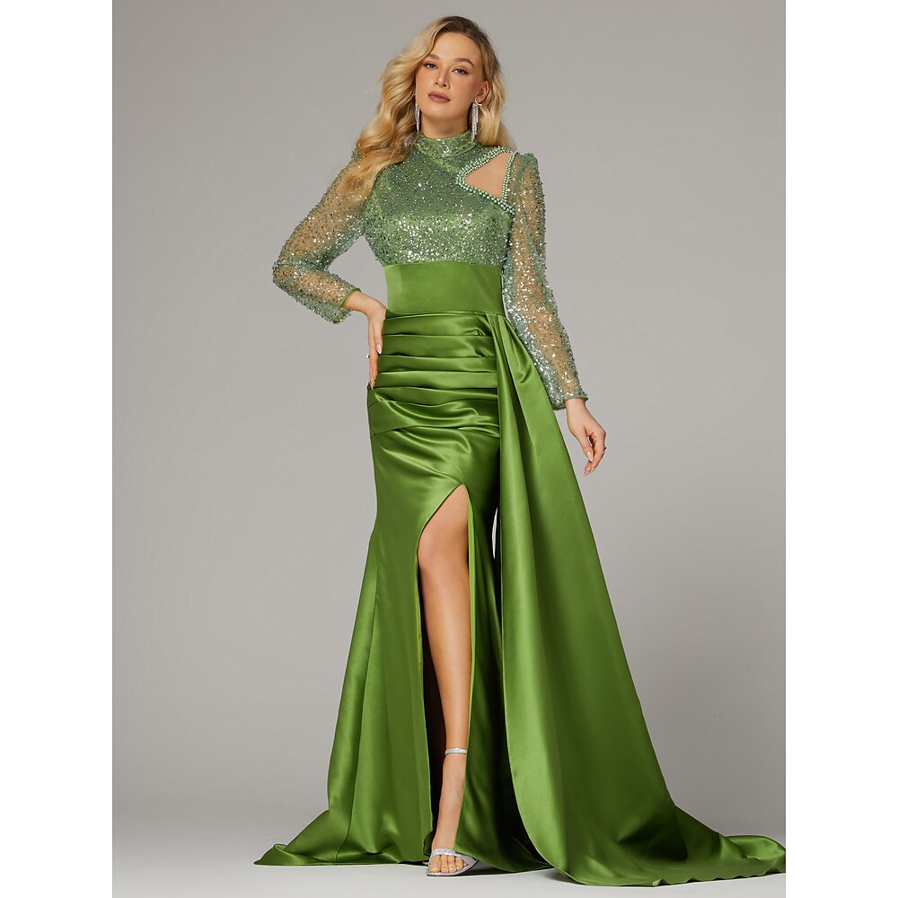 Trompete / Meerjungfrau Abendkleider Elegant Kleid Formal Pinsel Schleppe Langarm Stehkragen Satin mit Perlen Verzierung Paillette 2024 Lightinthebox