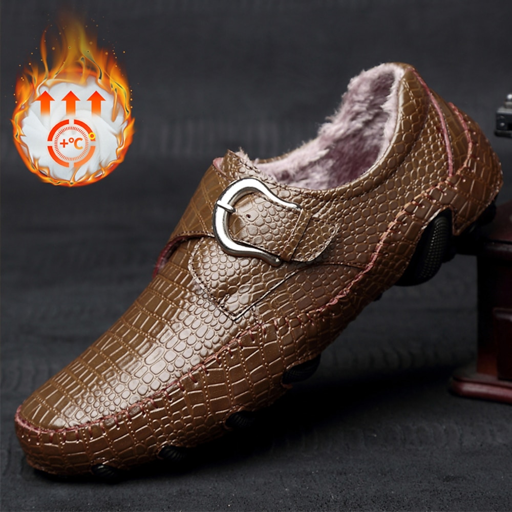 Braune Slipper für Herren mit Krokodilmuster, Metallschnalle und Fellfutter - stylisches und warmes Freizeitschuhwerk für Herbst und Winter Lightinthebox