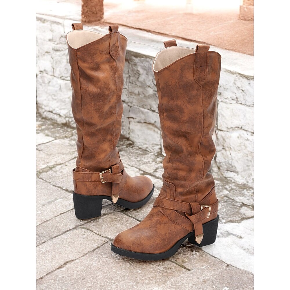 braune kniehohe Damenstiefel mit Schnallendetails und Blockabsatz - stylisches Western-inspiriertes Schuhwerk für Freizeit- und Outdoor-Outfits Lightinthebox