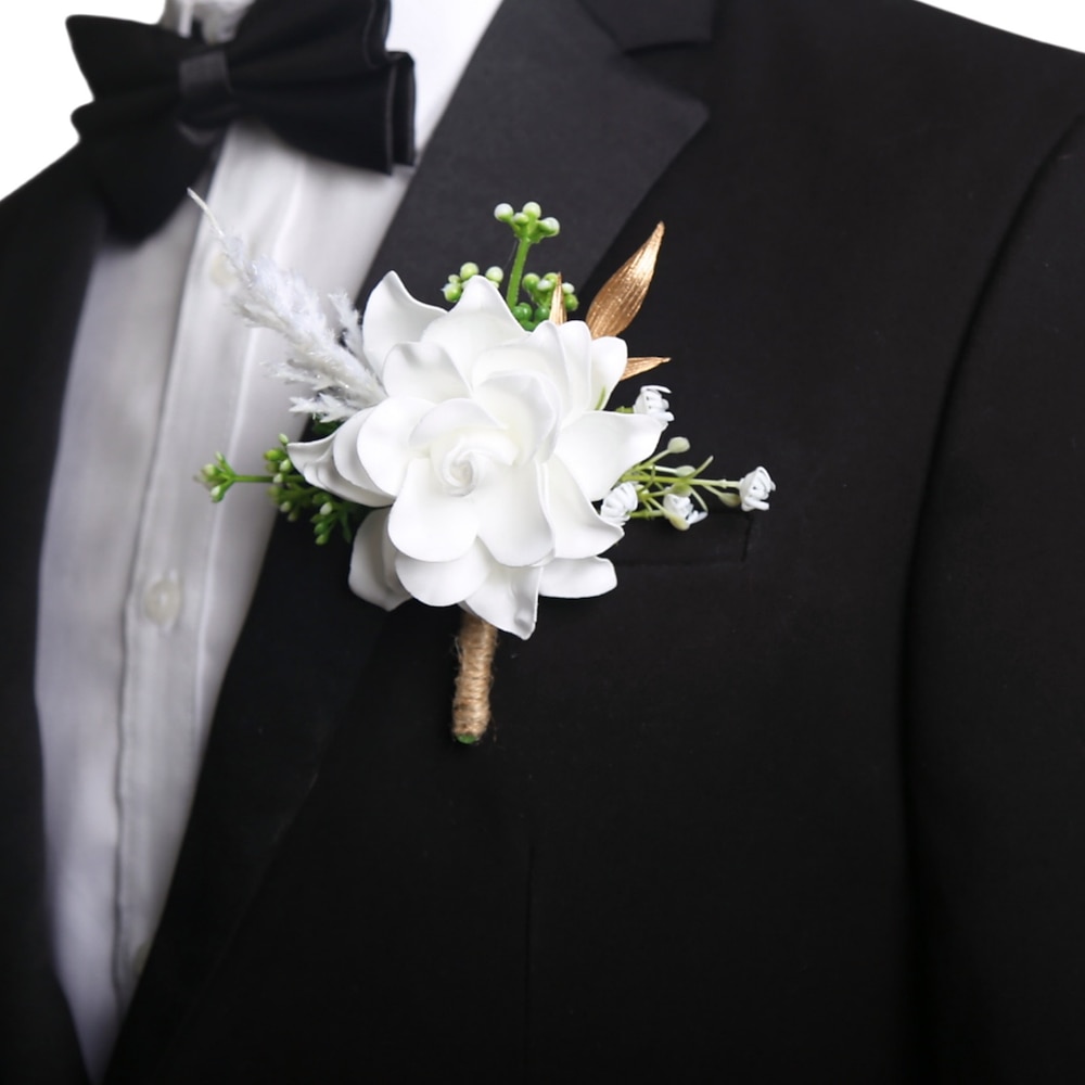 Boutonniere für die Hochzeit von Männern, weiße Boutonniere für den Bräutigam und die Trauzeugen, Blumenaccessoires, Dekorationen für den Abschlussballanzug Lightinthebox