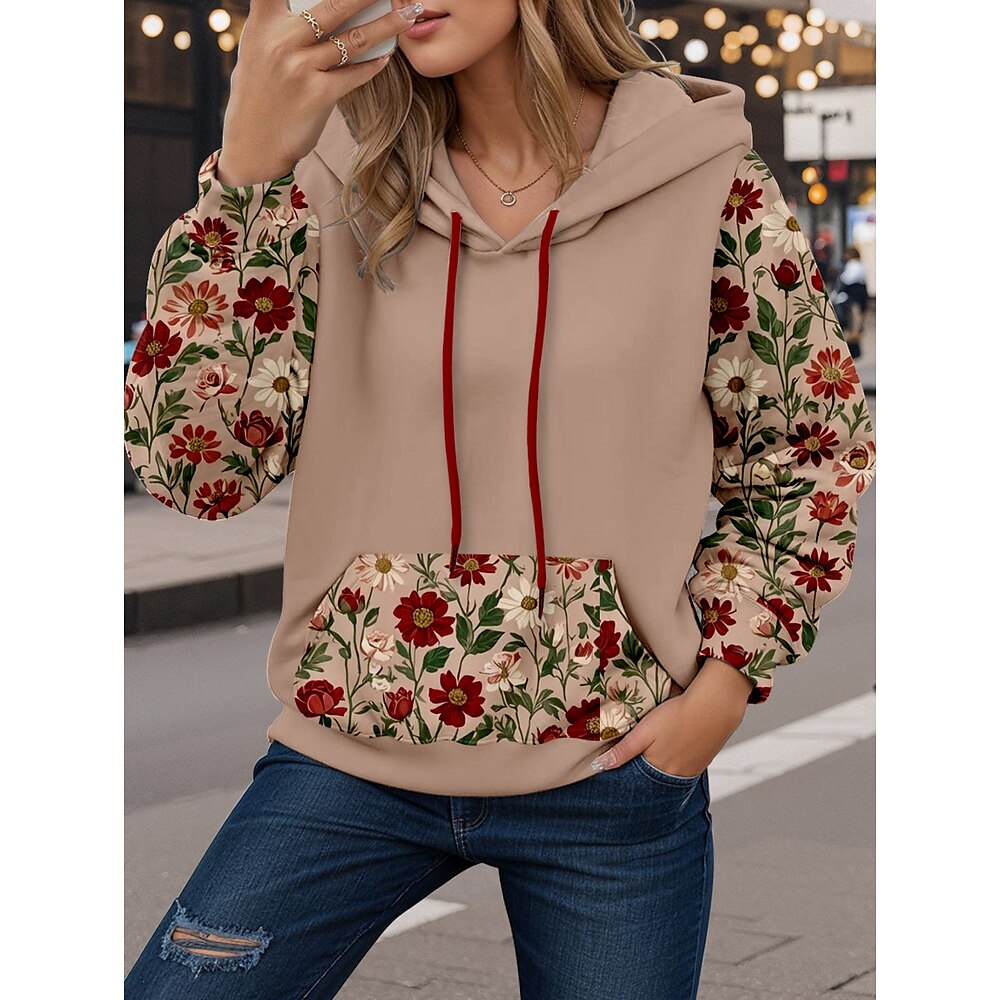 Damen Designer-Sweatshirt Polyester Blumen Casual Tasche Bedruckt Brautkleider schlicht Mit Kapuze Langarm Mikro-elastisch Herbst Winter Lightinthebox