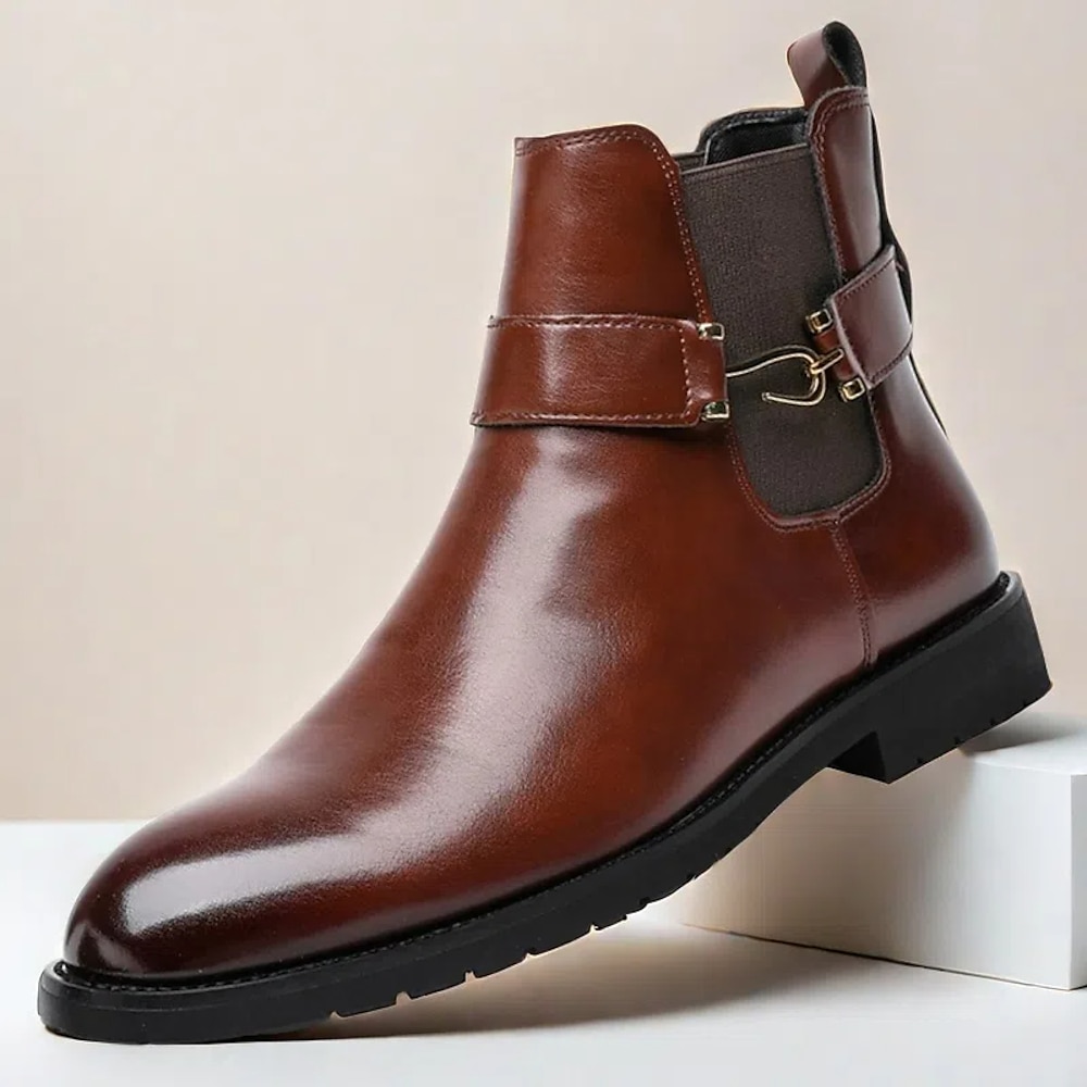 braune Chelsea-Stiefel aus Kunstleder für Herren mit Schnallenriemen, polierter Oberfläche und robuster Sohle - klassisches Freizeit- und formelles Schuhwerk Lightinthebox