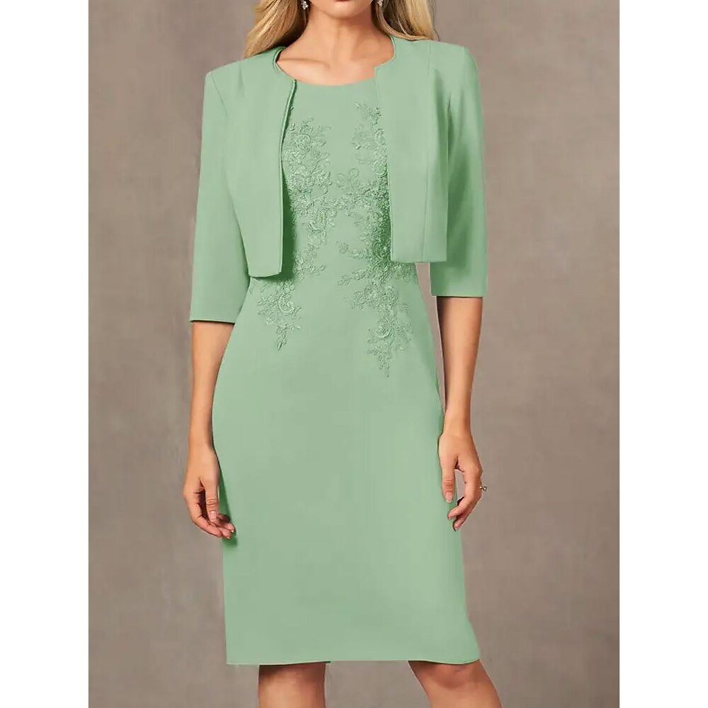 Zweites Sheath Column Kleid Strandhochzeitsanzug Mutter der Braut Kleid Einfach Juwelenausschnitt knie-lang Stretchstoff Jacken Kleid mit Stickerei Applikationen Derby Kleid 2025 Lightinthebox
