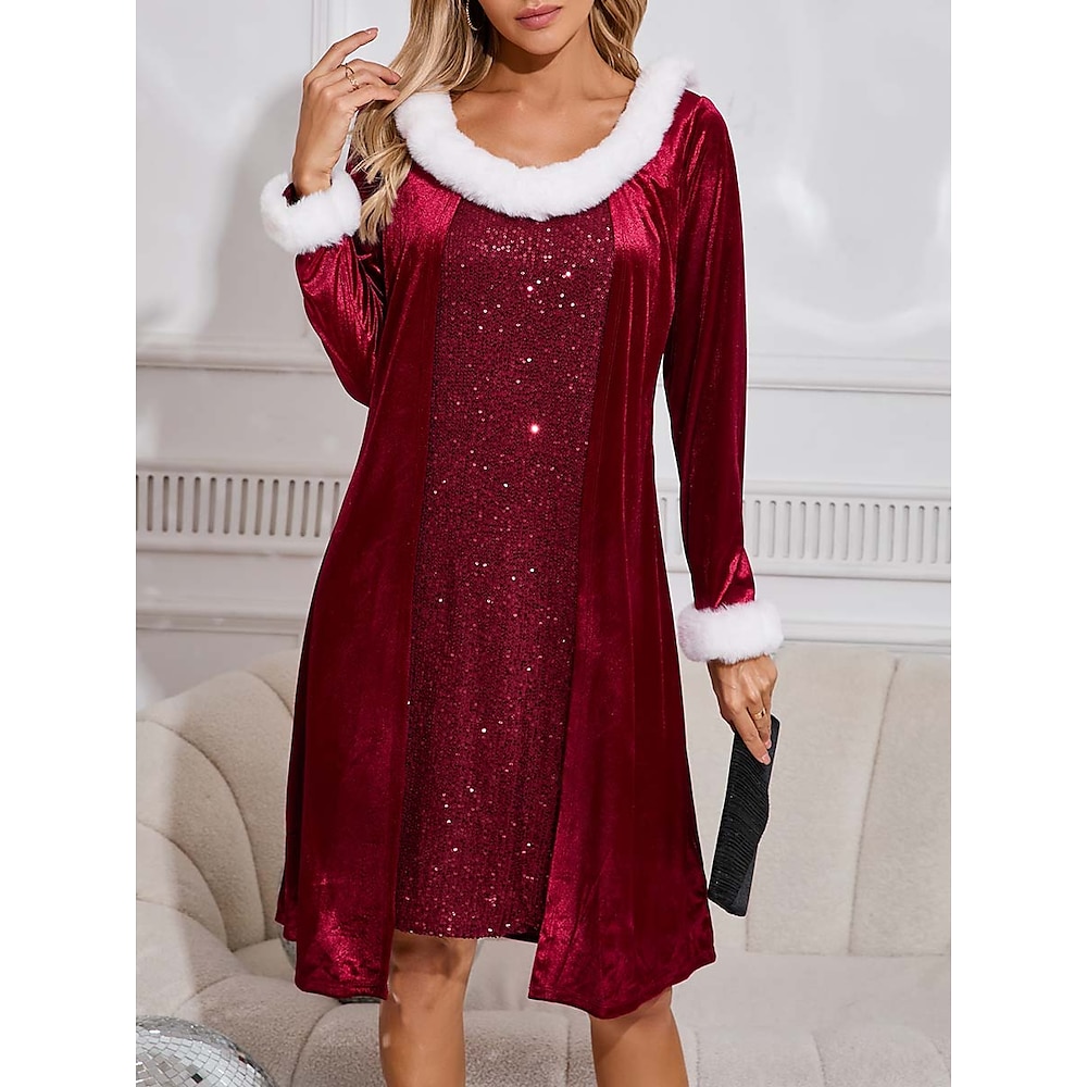 Damen velvet kleid Paillettenkleid Vintage-Kleid Pailletten Langarm Weihnachten Wein Lightinthebox