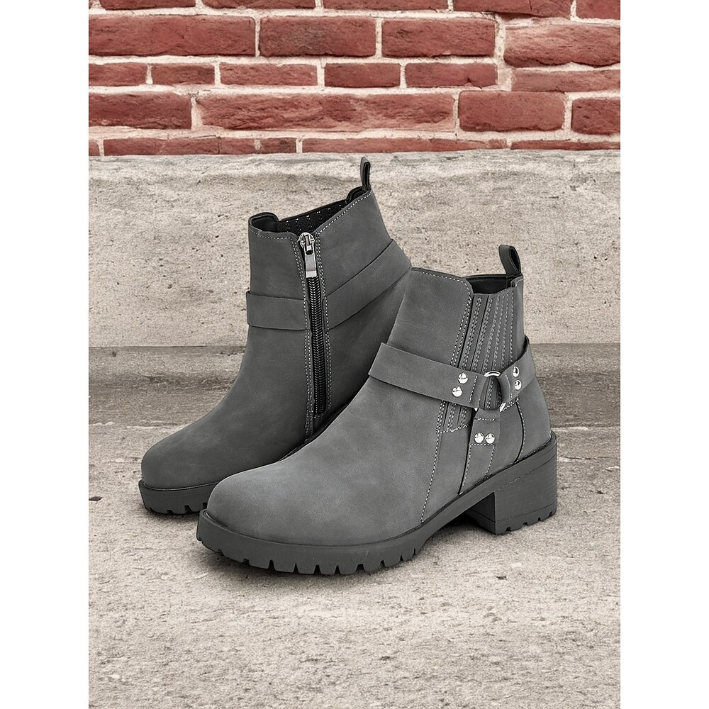 graue Damen Stiefelette - stylischer Blockabsatz mit Riemchendetails, seitlichem Reißverschluss und robuster Sohle für den Freizeit- und Outdoor-Look Lightinthebox