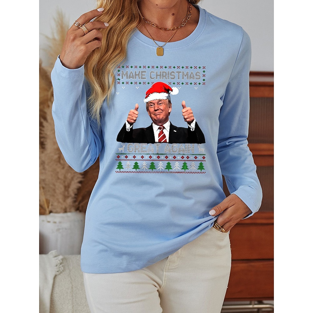 Damen Trump T-Shirt Alltag Wochenende Weihnachten Street Pocket Print Casual Langarm Weiß Herbst Winter Lightinthebox