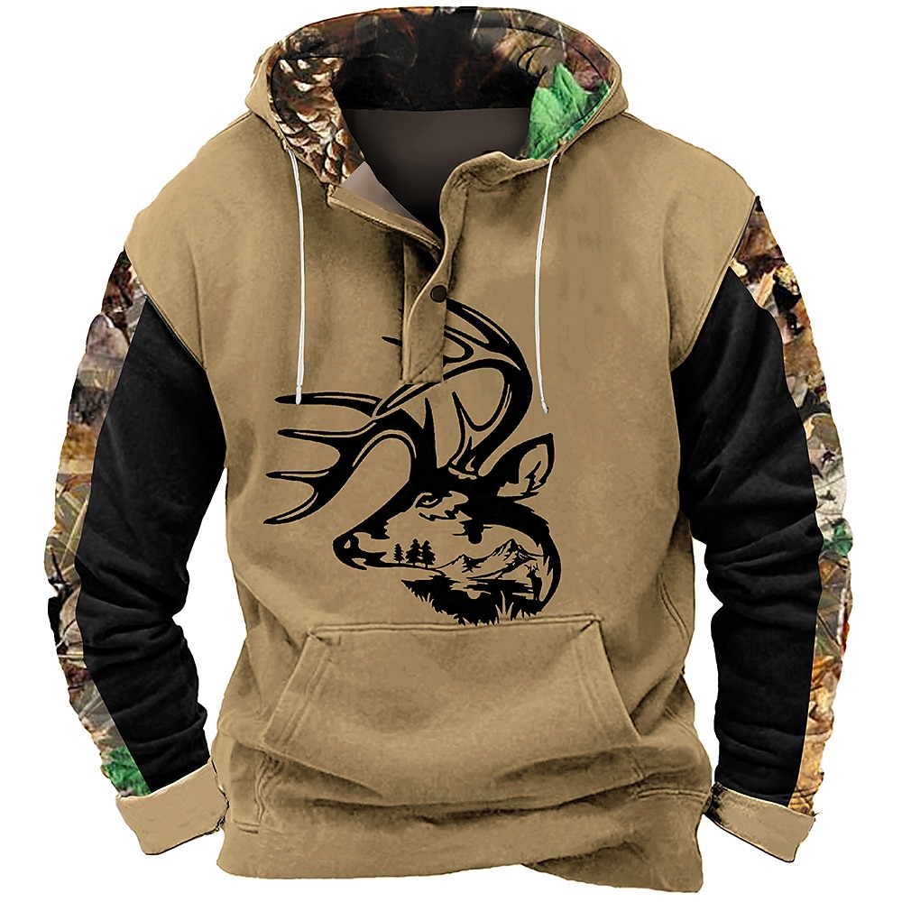 Herren camuflaje Hirsch Hoodie Sweatshirt Kapuze Pullover Hoodie Sweatshirt Kapuze Sweatshirt mit Kapuze Mit Kapuze Cowboy 3D-Druck Sports Outdoor Jagd Schwarz Braun Tasche 3D-Druck Herbst Winter Lightinthebox