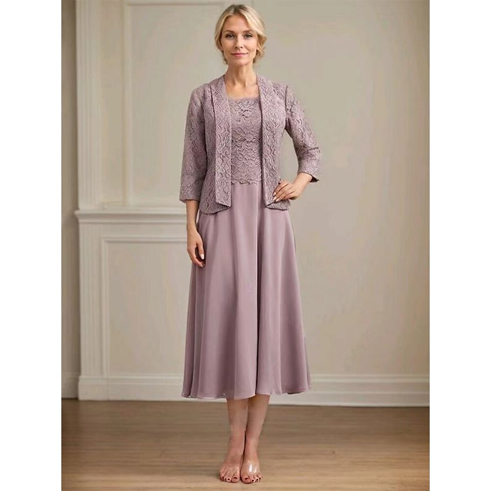 Etuikleid/Säulenkleid für die Brautmutter, elegantes U-Ausschnittkleid, bodenlanges Kleid mit 3/4-Ärmeln, kurze Jacke, Kleider mit Spitze 2025 Lightinthebox