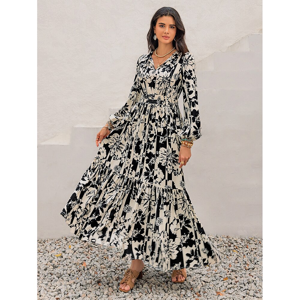 Damen Silvester Maxidress schwarzes kleid Casual kleid Boho-Kleid Blumen Geometrisch Retro Brautkleider schlicht Outdoor Heim Täglich Kordelzug Bedruckt Langarm V Ausschnitt Kleid Regular Fit Schwarz Lightinthebox