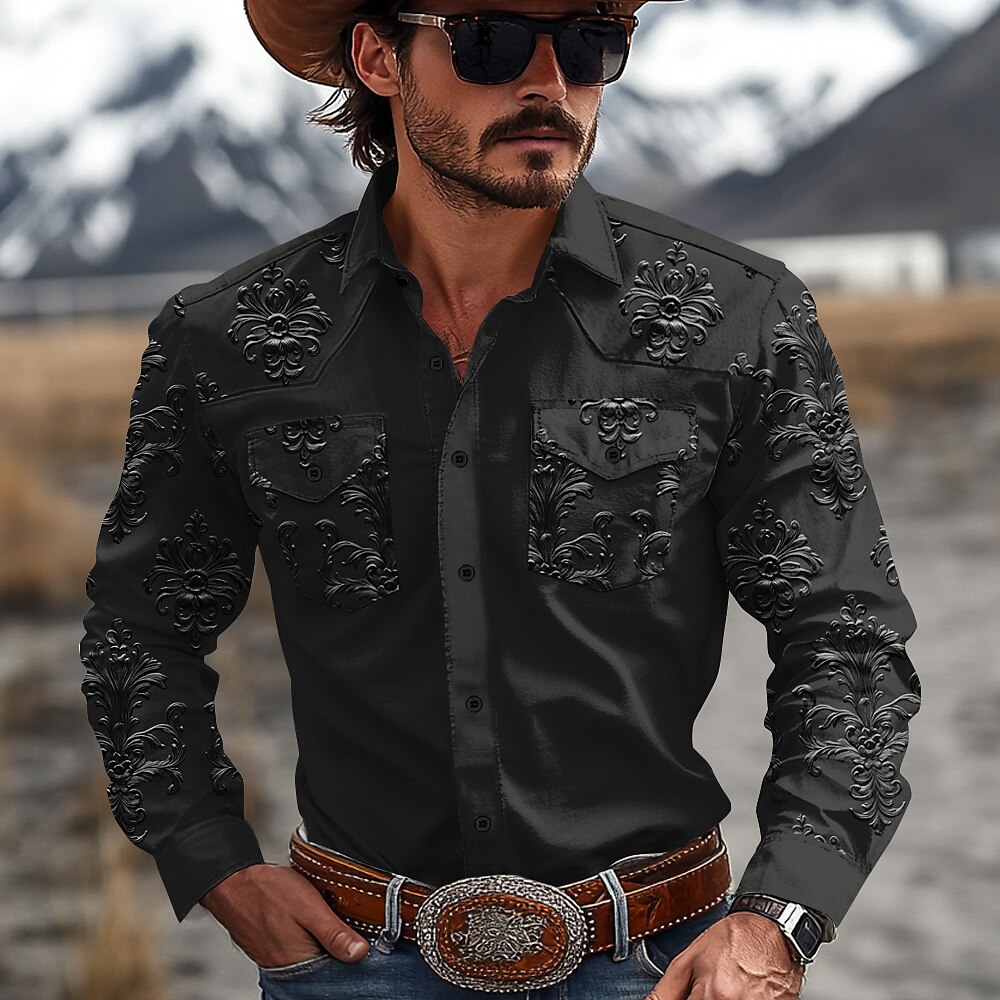 Herren Blumen Westernhemd Cowboy-Shirt Langarm Western Sport Frühling Herbst Umlegekragen Patchwork Schwarz Lightinthebox