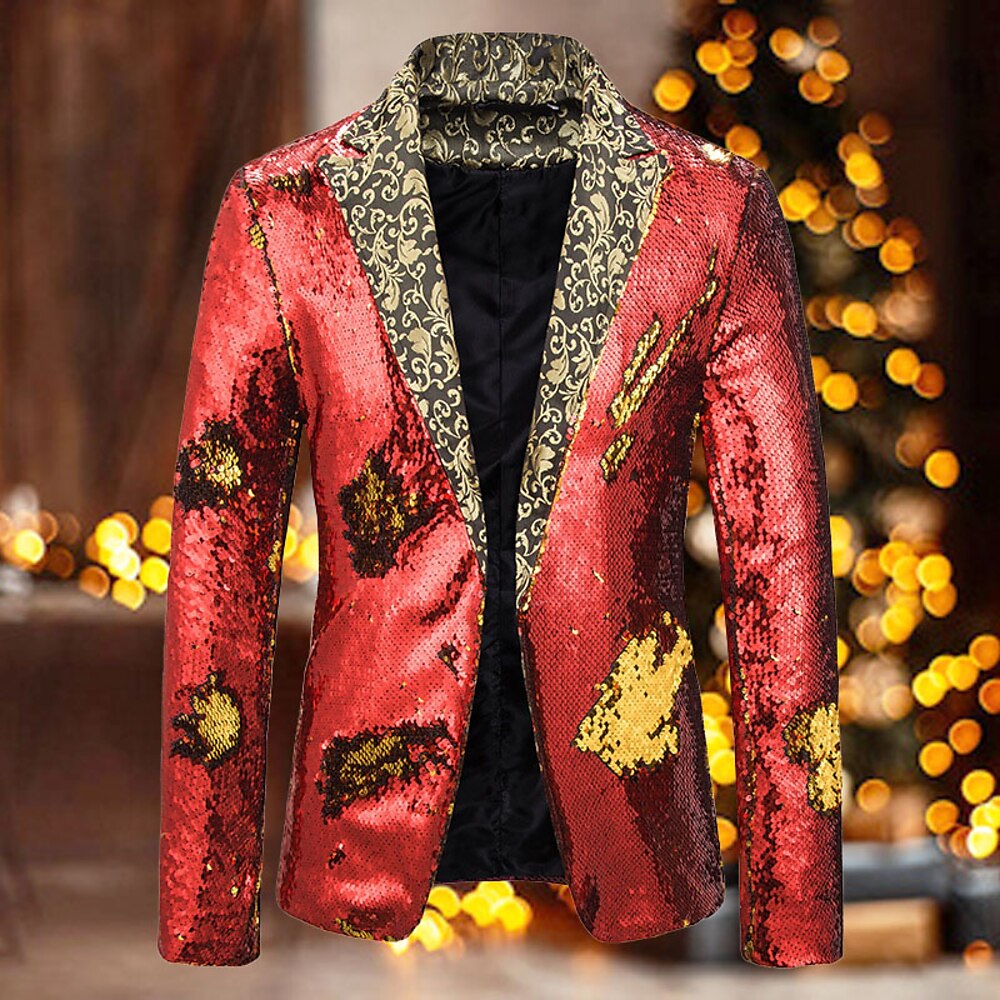 Herren Blazer Sakko Bühne Cocktailparty Hochzeitsfeier Modisch Brautkleider schlicht Frühling Herbst 95% Baumwolle Feste Farbe Knopf Pailletten Komfortabel Einreihiger Verschluss Blazer Schwarz Lightinthebox