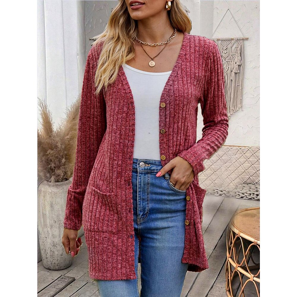 Damen Strickjacke Asymmetrisch V Ausschnitt Gerippt Stricken Polyester Taste Tasche Gedreht Frühling Herbst Winter Standard Täglich Brautkleider schlicht Langarm Feste Farbe Glatt Wein Armeegrün Blau Lightinthebox