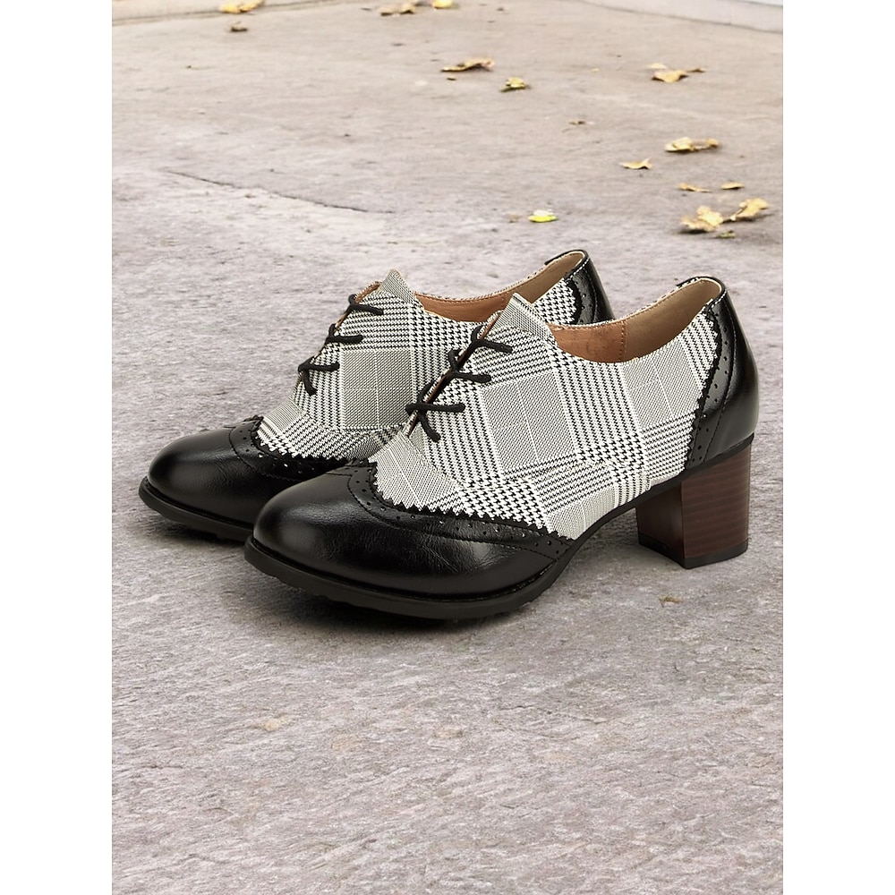 schwarz-weiß karierte Oxford-Schnürschuhe für Damen mit Brogue-Details und Blockabsatz - schickes Schuhwerk im Vintage-Stil für die Arbeit und Freizeit Lightinthebox