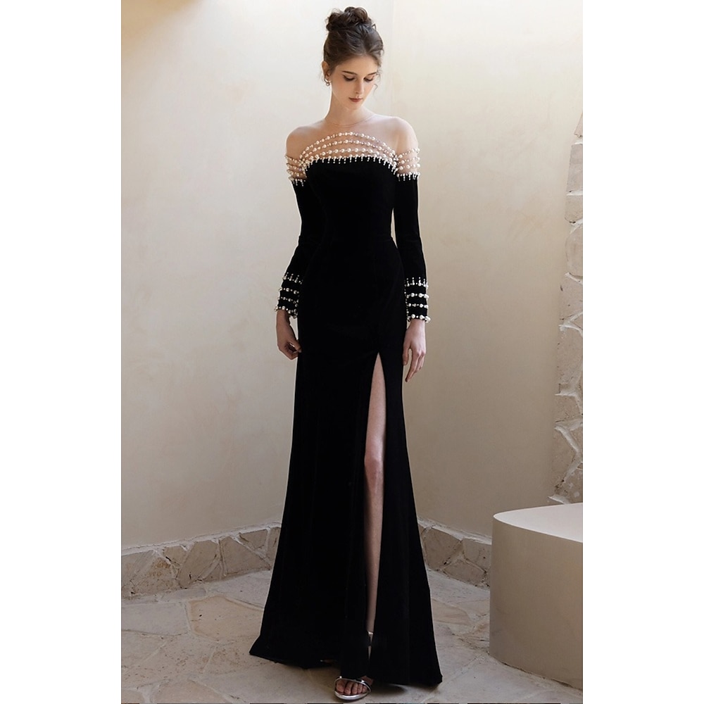 A-Linie Abendkleider Schwarzes Kleid Kleid Valentinstag kleid hochzeitsgast Boden-Länge Langarm Schmuck Chiffon - Satin mit Perlen Verzierung 2024 Lightinthebox