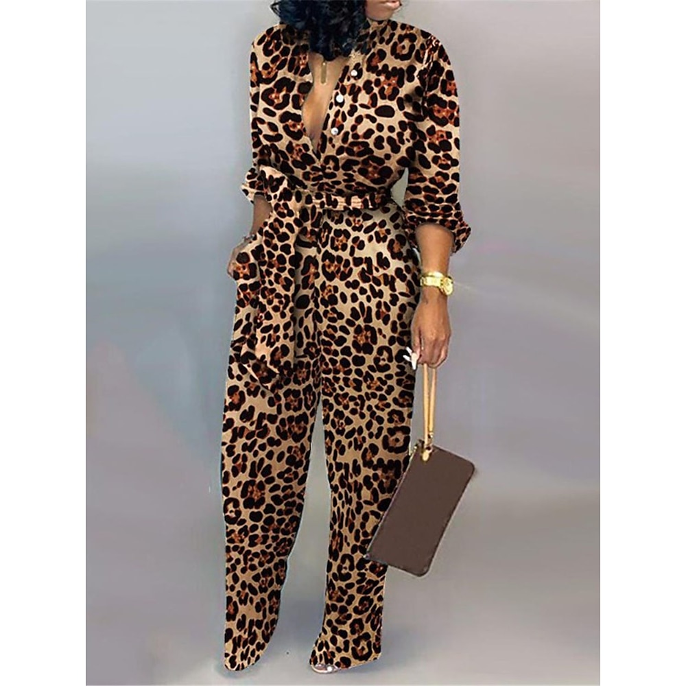 Damen Jumpsuit Hohe Taillenlinie Leopard Hemdkragen Aktiv Strassenmode Täglich Urlaub Regular Fit Langarm Weiß Braun Grau S M L XL Sommer Lightinthebox