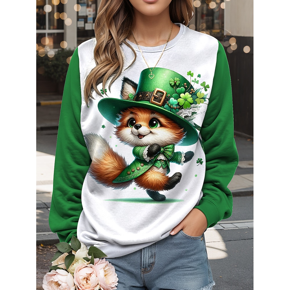 Damen-Sweatshirt zum St. Patrick's Day aus Polyester mit Grafik, Tiermotiv, Street-Style, Alltagskleidung, lässiger Rundhalsausschnitt, lange Ärmel, mikroelastisch, Herbst/Winter Lightinthebox