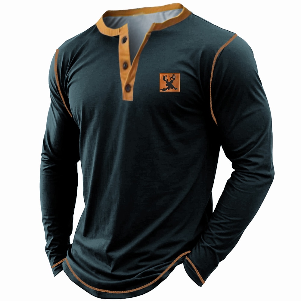 Herren Tier Hirsch Henley Shirt Langarm T-Shirt 3D-Druck Henley Hemd Retro Vintage Cowboy Casual Täglich Festtage Schwarz Armeegrün Dunkelblau Sommer Frühling Herbst Bekleidung Normal S M L XL XXL Lightinthebox